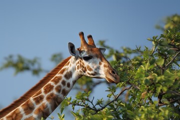 Obraz premium A close-up portrait of a giraffe with its head tilted and a curious expression, set against a backdrop of a vibrant blue sky and lush green foliage.