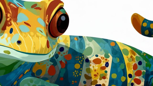 Cartoon lizard with big eyes standing in studio, blue and yellow patterned skin, colorful vector illustration, cheerful reptile with spots and stripes