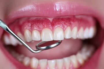 A close-up of a patient's mouth during a dental examination, showcasing healthy teeth and a dental mirror in use.