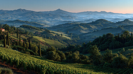 Naklejka premium Picturesque view of rolling hills and lush vineyards at sunrise, with layers of misty mountains in background.
