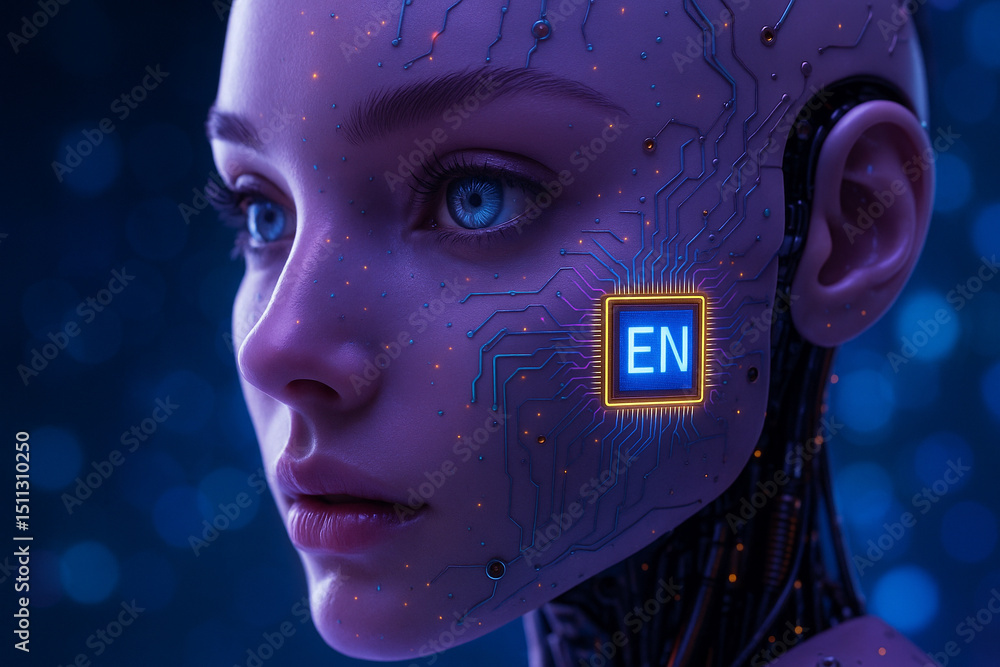 Poster ai generated hyper realistic humanoid robot woman face with glowing circuits and a luminous en chip 