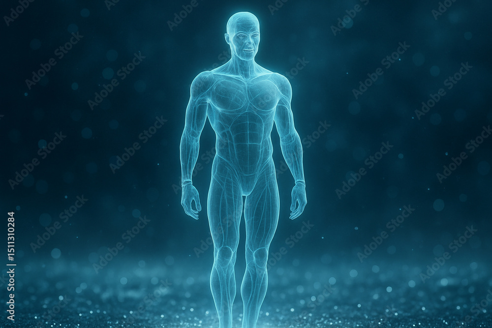 Poster ai generated image of a glowing holographic male android standing in a digital environment with tran