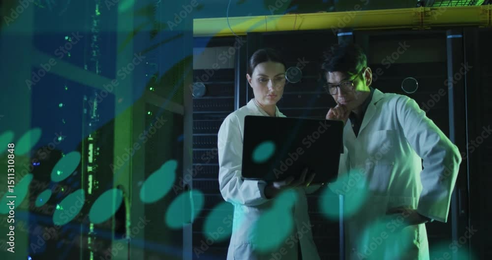 Poster two scientists launching diagnostic software in server room, displaying floating green data overlay