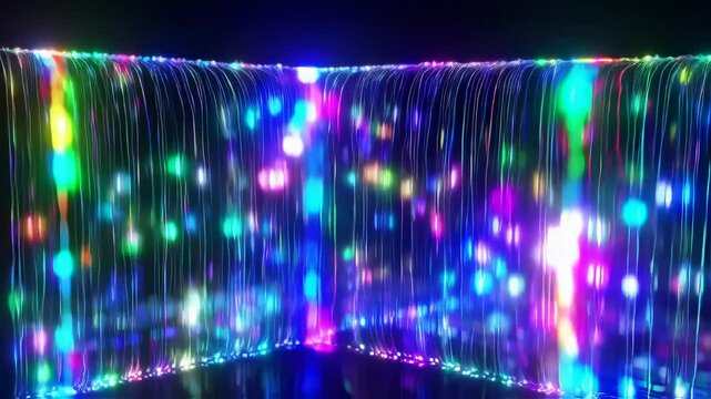 Abstract Fiber Optic Light Waterfall Display with Vibrant Color Changes