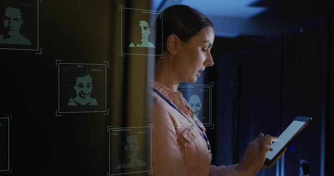 IT admin raising tablet and scanning face icons for identity filtering amidst server rack lights