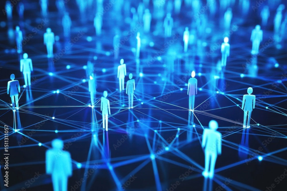 Poster a captivating digital visualization showcasing human figures within a network, symbolizing communica