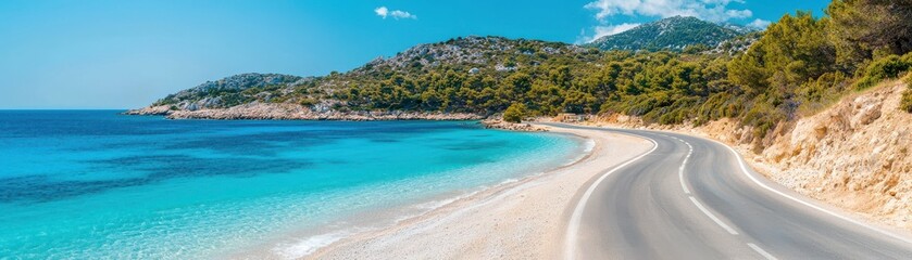 Fototapeta premium Scenic Coastal Road along Clear Blue Water with Lush Greenery