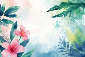 Beautiful soft watercolor background featuring tropical leaves and pink flowers. Perfect for decoration, invitations, and artistic projects evoking a serene ambiance.