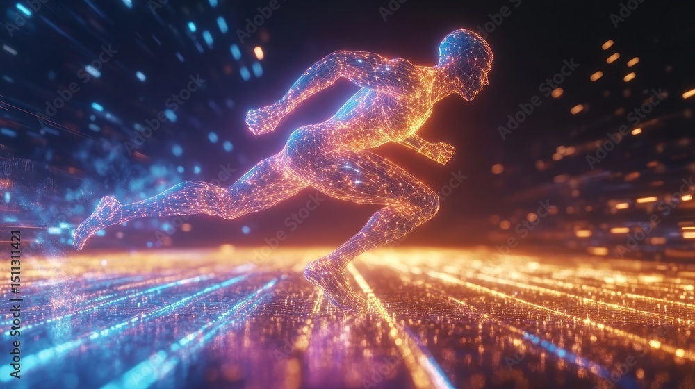 Poster digital runner in motion. abstract representation of human speed and technology
