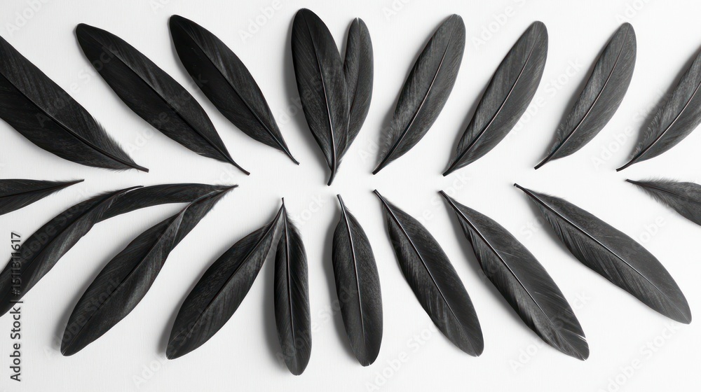 Aufkleber black bird feathers arranged in a symmetrical pattern on a white background