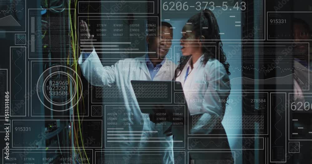 Poster it team pointing at ethernet cables, displaying live data overlay for diagnostics in server room