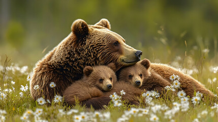 Fototapeta premium Brown bear mother and cubs resting in a field of wildflowers.