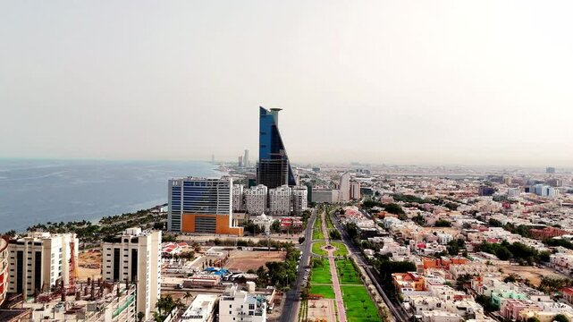Jeddah: Aerial view of jeddah city in Saudi Arabia, skyline of Waterfront, Red Sea - drone landscape panorama 4k video