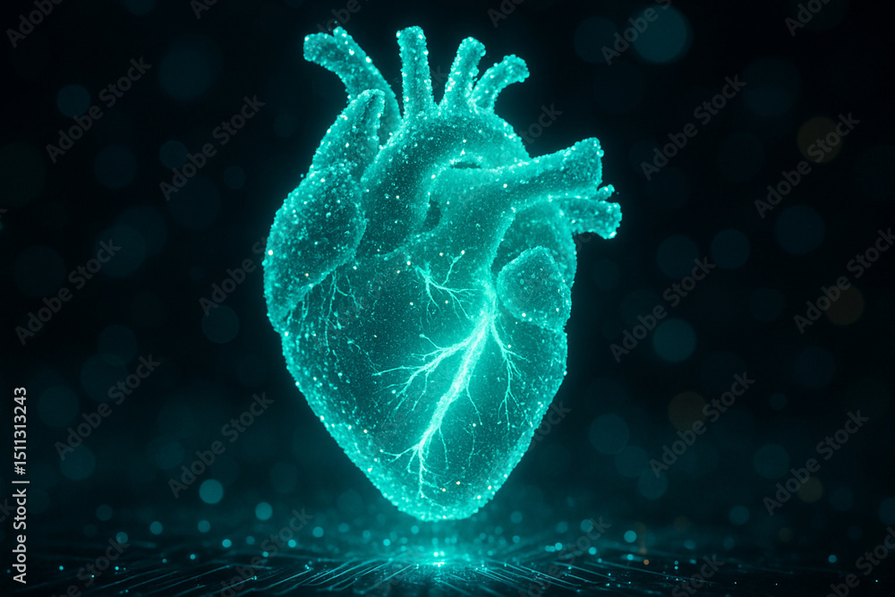 Poster ai generated image of a glowing human heart composed of blue green and white energy particles floati