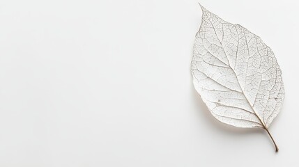 A white, veined leaf sits on a seamless white background. Use for nature, fall, or minimalist design concepts.