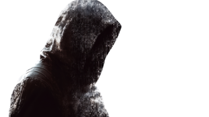 mysterious hooded figure standing on white background