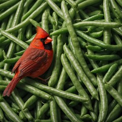 A bright red cardinal bird sitting on a bunch of green beans, white background.
