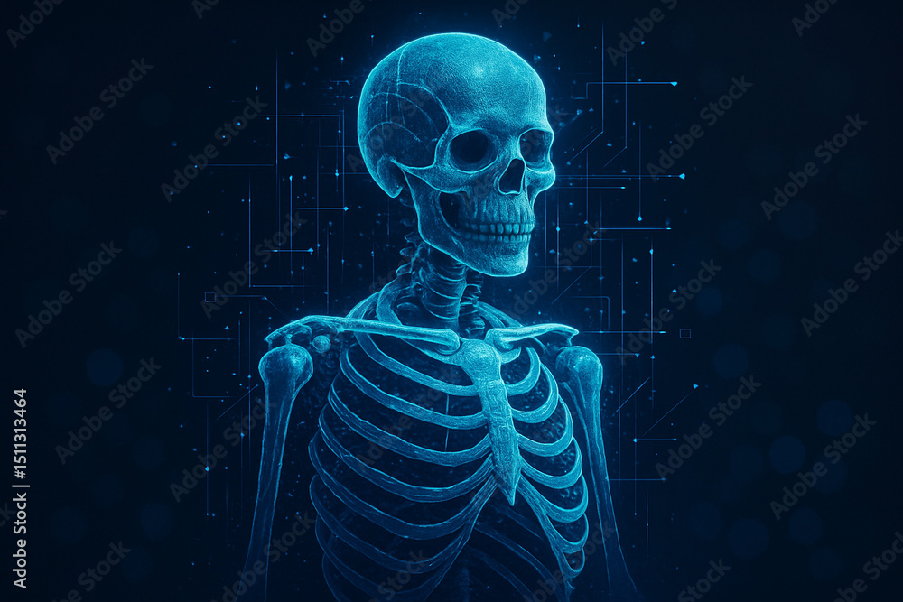 Poster ai generated digital illustration of a glowing human skeleton composed of light particles and geomet