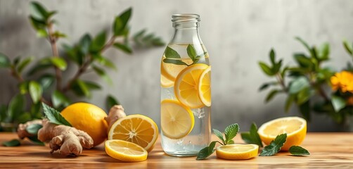 Refreshing ginger lemon infused water bottle still life, detox drink ingredients,   composition,  healthy