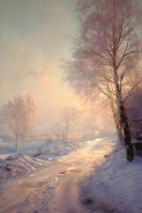 Fototapeta premium Snowy, foggy road lined with trees