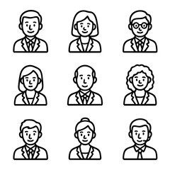 A set of doodle line icons featuring various business people avatars including men and women in professional attire