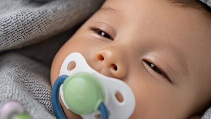 Infant sleeping soundly with a pacifier in mouth, wrapped snugly in soft knit blanket, close-up shot, peaceful newborn baby asleep