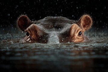 Fototapeta premium Hippopotamus in Water: Portrait of Hippo Submerged in River During Rain, Wildlife Photography, Dark Background
