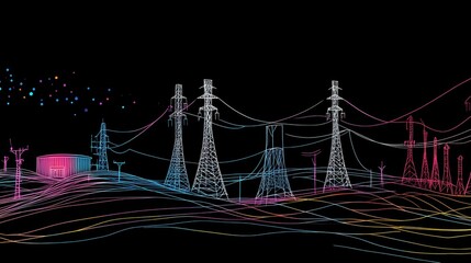 Obraz premium Abstract joyful drawing of a nuclear power plant and power lines, white line on black background