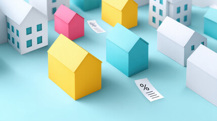 Paper houses in yellow blue and pink colors with interest rate papers symbolize property loan and financial concept