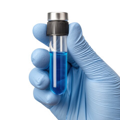 Clinical trial in laboratory tests cancer vaccine with blue liquid sample held by gloved hand for research