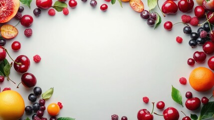 Various fruits like cherries, oranges, and raspberries surround white space. Good for menu design, food blogging, or health-related projects.
