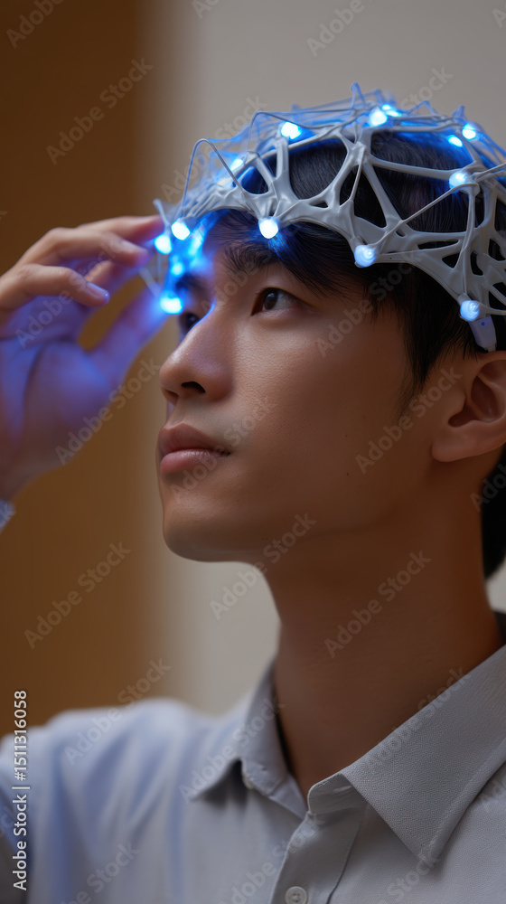 Poster smart young man wearing neural network cap with blue lights explores ai pattern recognition technolo