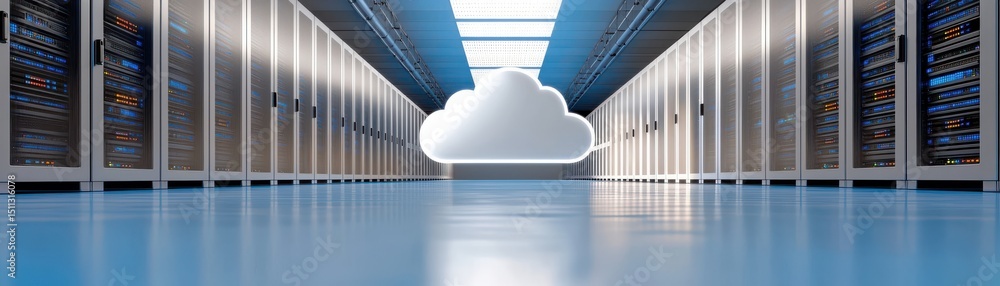 Poster data center with cloud symbol representing digital storage futures