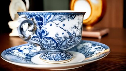 Close-up on delicate white china teacup and saucer with intricate blue floral patterns, golden trim, on wooden surface, vintage scale in background - Powered by Adobe