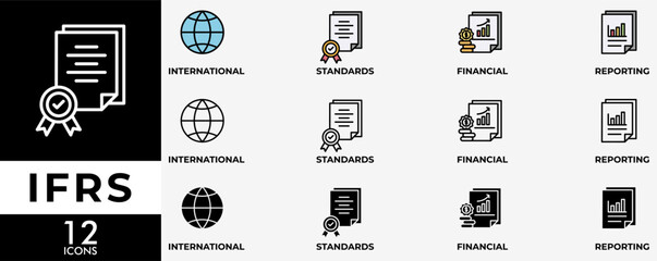 IFRS icon set with various styles and colors of global, network, money, documents, books, and writing