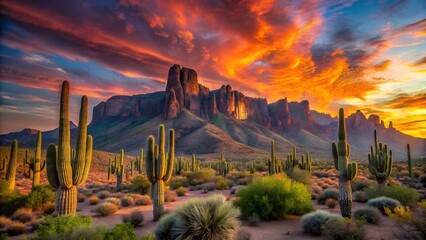 A vibrant sunset illuminates the rugged Superstition Mountains and saguaro cacti in the Arizona desert