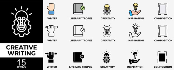 CREATIVE WRITING icon set with various styles and colors of writer, literary tropes, creativity, idea, inspiration, and composition