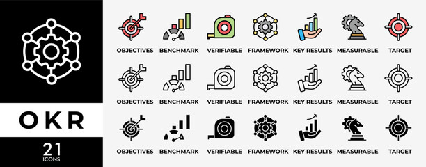 OKR icon set with various styles and colors of objective, key results, target, framework, benchmark, measurable, and verifiable