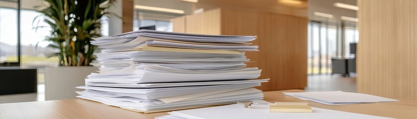 Office Workspace with Piles of Documents and Modern Furniture