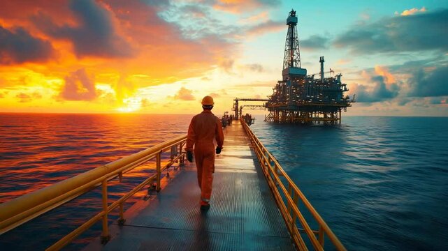 Oil rig worker walking towards an offshore platform at sunset, symbolizing industry and energy production