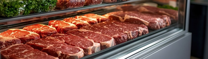 Fototapeta premium Fresh Cuts of Red Meat Displayed in a Modern Butcher Shop Case