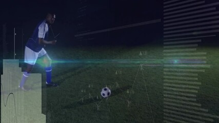 Male soccer player shifting weight and kicking ball while digital HUD charts pulsing analytics data - Powered by Adobe