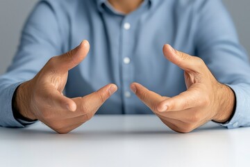 Obraz premium Business hand pointing towards camera with blurred background of office desk, representing leadership, decision-making, and professional authority