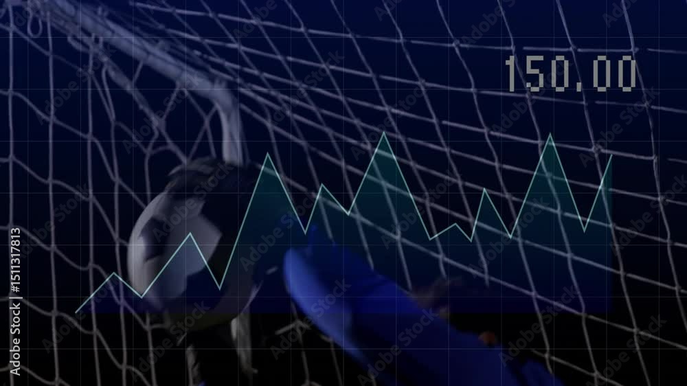 Poster numeric readout rising over net showing sports graph as goalkeeper diving catching ball saving goal