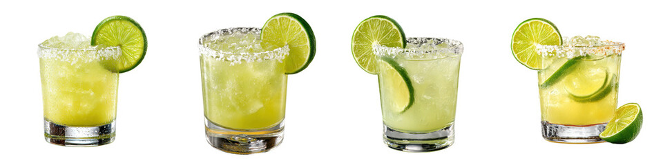 Four margarita cocktails garnished with lime slices and served in short glasses with salted rims