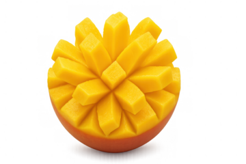 Ripe mango slices presenting bright yellow-orange cubes, showcasing fresh tropical fruit texture on clean transparent backdrop