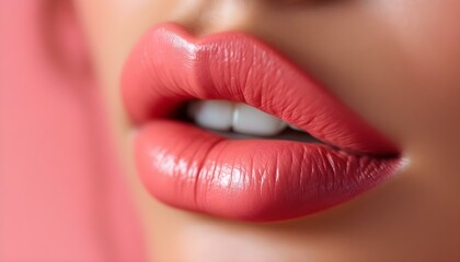 Obraz premium Close-up of a woman's lips in pink lipstick, capturing the texture and elegance of makeup against a subtle backdrop