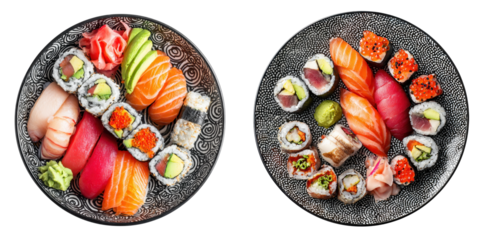 Assorted sushi rolls and nigiri pieces artfully arranged on decorative plates with garnishes
