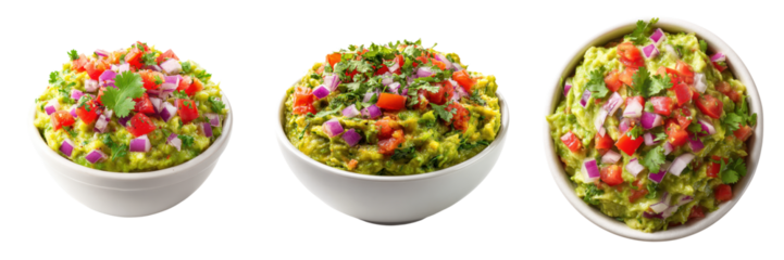 Three bowls of guacamole garnished with diced tomatoes, red onions, and fresh cilantro