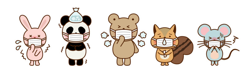 マスクをした体調不良の動物キャラクターたちのイラスト（風邪・感染対策・保育素材）